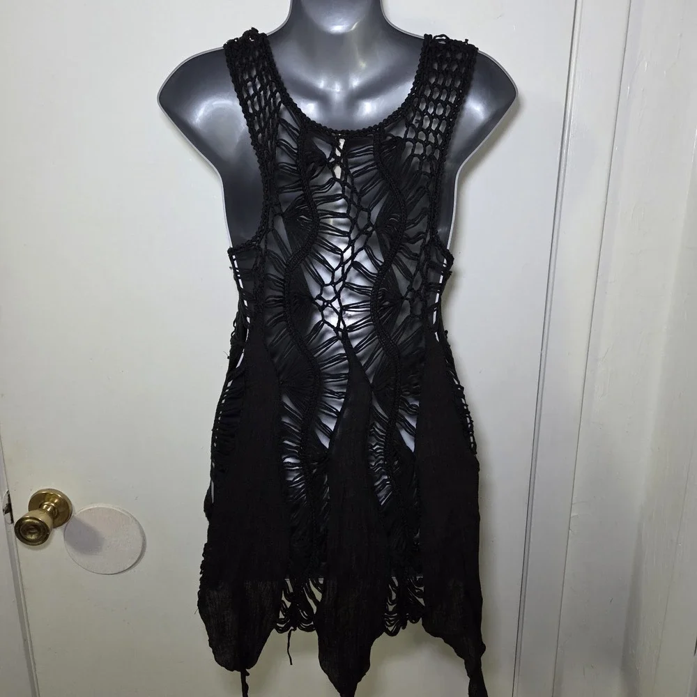 Black‎ Crochet Macrame Festival Vest Boho Witchy Beach Cover Up Top One Size